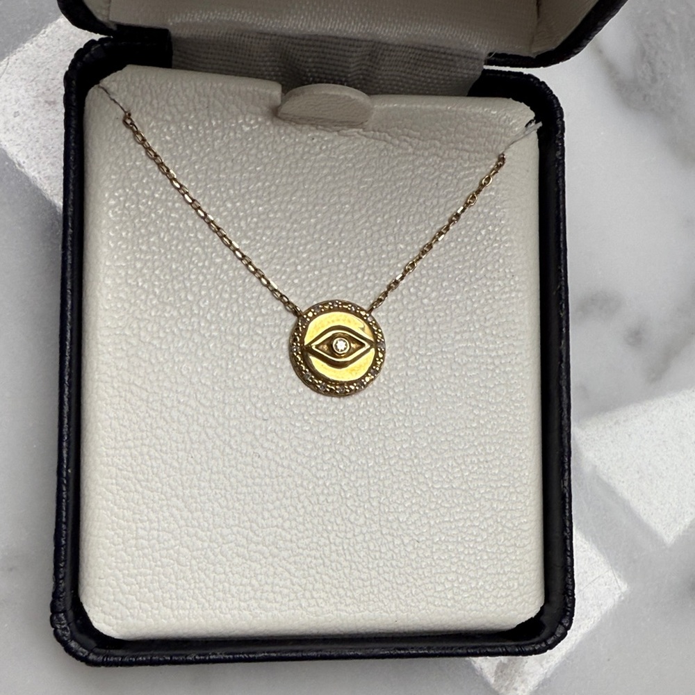 14k Gold and Diamond Chip Elegant Gold Evil Eye 🧿 Pendant Necklace